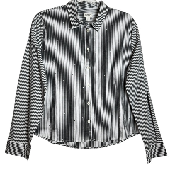 J.Crew Factory Rhinestone Blue & Wht Button Down Stripe Cropped Shirt Size M NWT - Picture 3 of 10